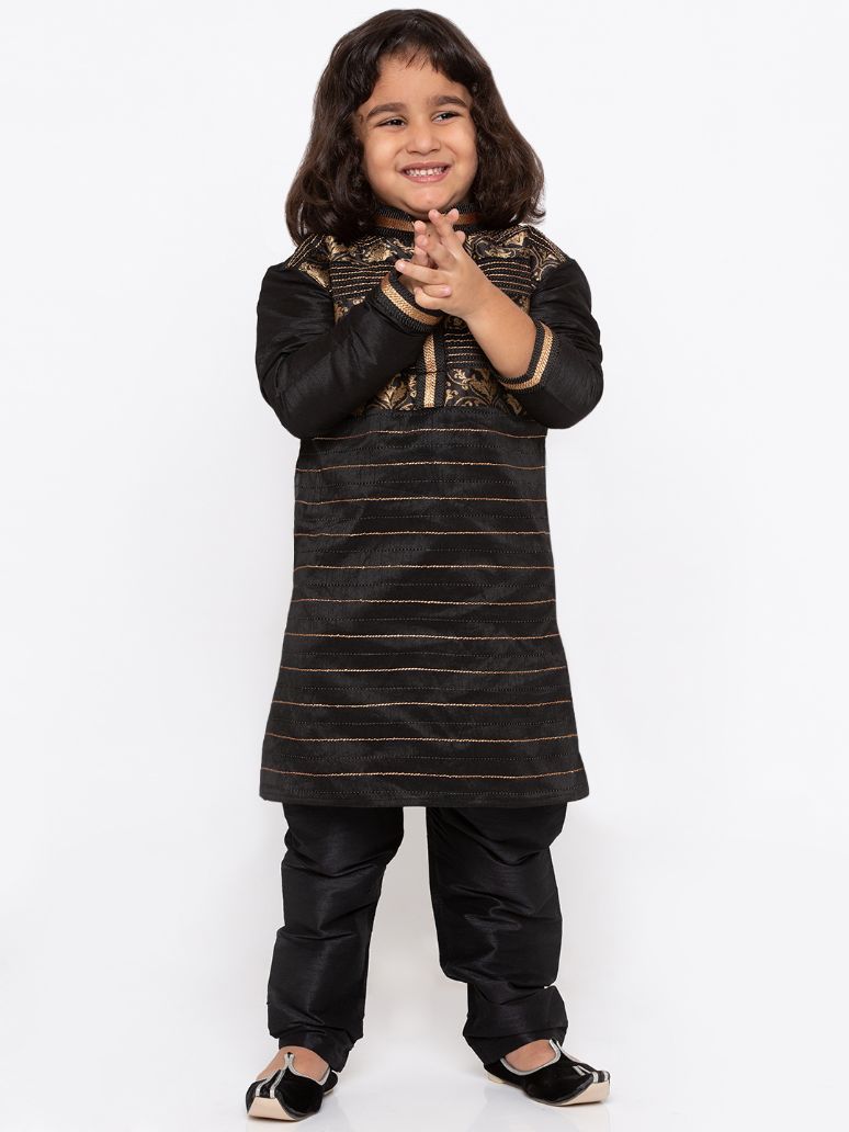 VASTRAMAY Boys' Black Cotton Silk Kurta and Pyjama Set - qivii