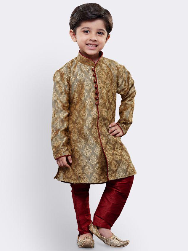 VASTRAMAY Boys' Beige Cotton Silk Kurta and Pyjama Set - qivii