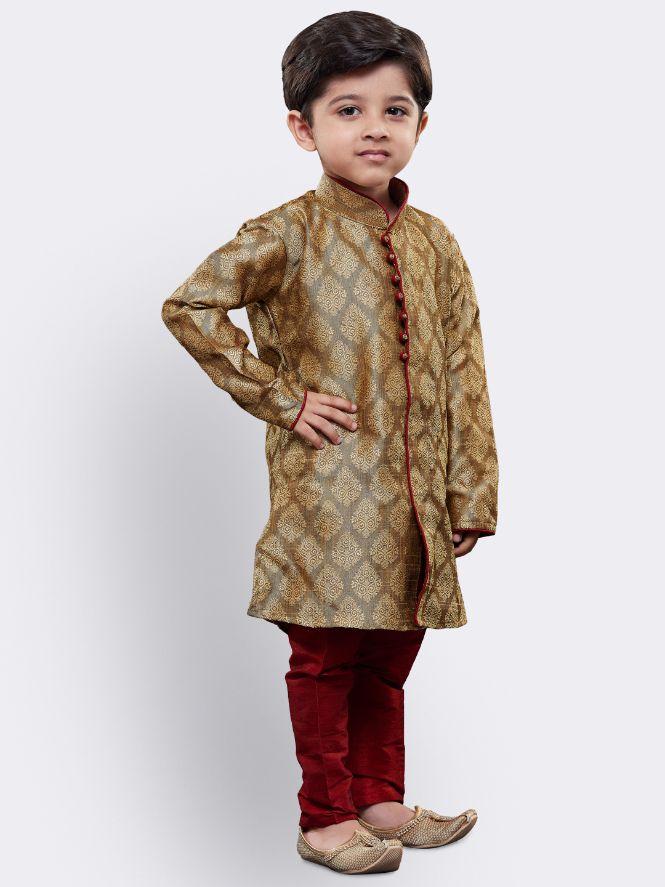 VASTRAMAY Boys' Beige Cotton Silk Kurta and Pyjama Set - qivii