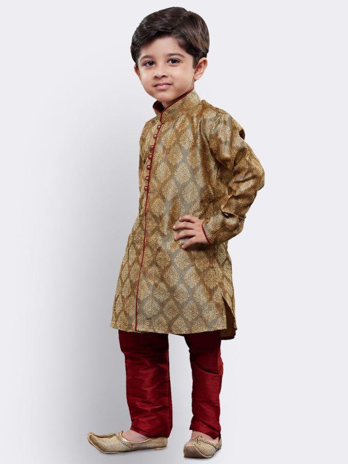 VASTRAMAY Boys' Beige Cotton Silk Kurta and Pyjama Set - qivii