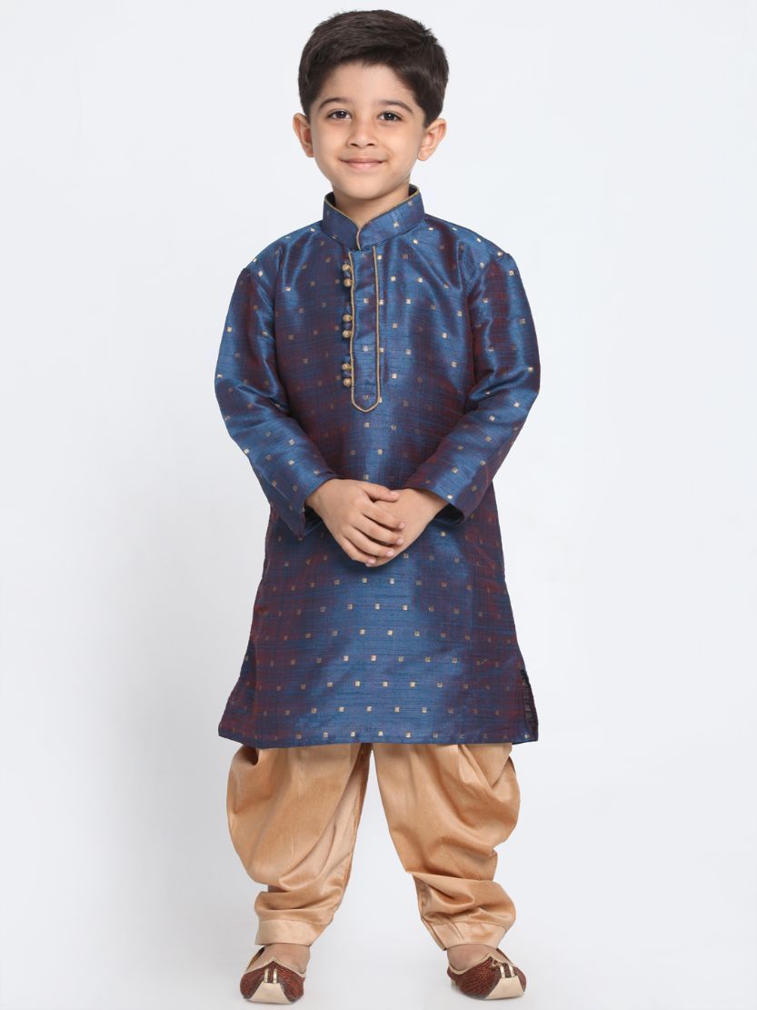 VASTRAMAY Boys' Deep Blue Cotton Silk Blend Kurta and Rose Gold Dhoti Pant Set - qivii