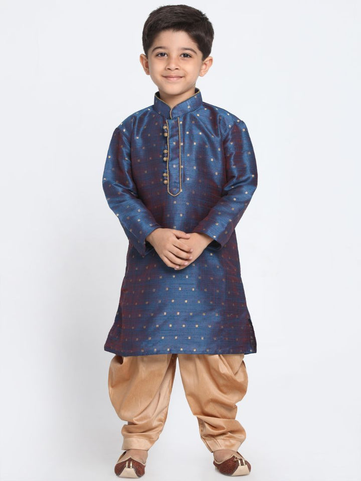 VASTRAMAY Boys' Deep Blue Cotton Silk Blend Kurta and Rose Gold Dhoti Pant Set - qivii