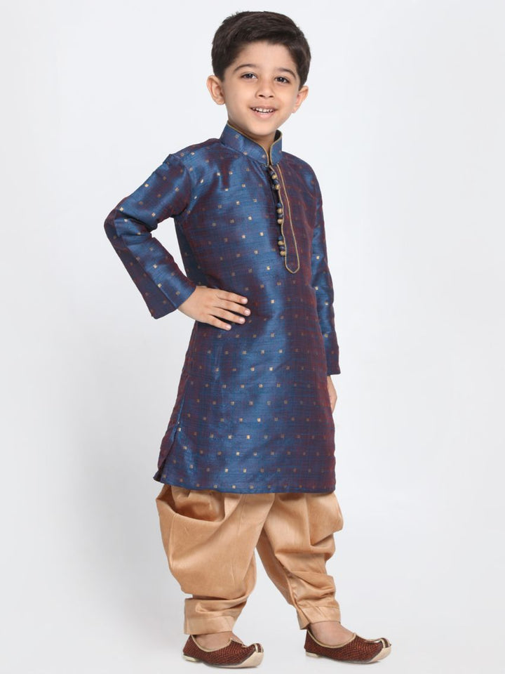 VASTRAMAY Boys' Deep Blue Cotton Silk Blend Kurta and Rose Gold Dhoti Pant Set - qivii
