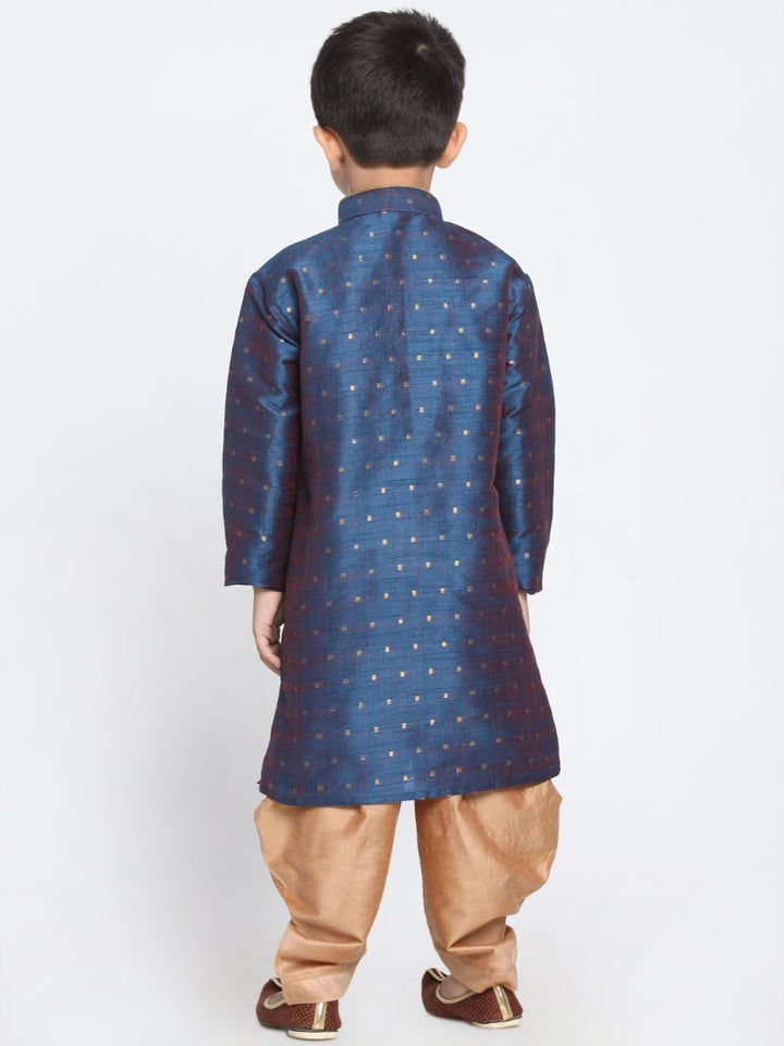 VASTRAMAY Boys' Deep Blue Cotton Silk Blend Kurta and Rose Gold Dhoti Pant Set - qivii