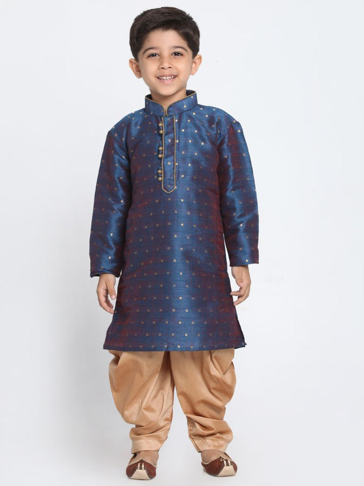 VASTRAMAY Boys' Deep Blue Cotton Silk Blend Kurta and Rose Gold Dhoti Pant Set - qivii