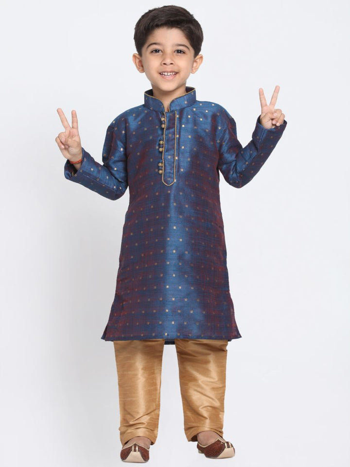 VASTRAMAY Boys' Dark Blue Cotton Silk Blend Kurta and Pyjama Set - qivii
