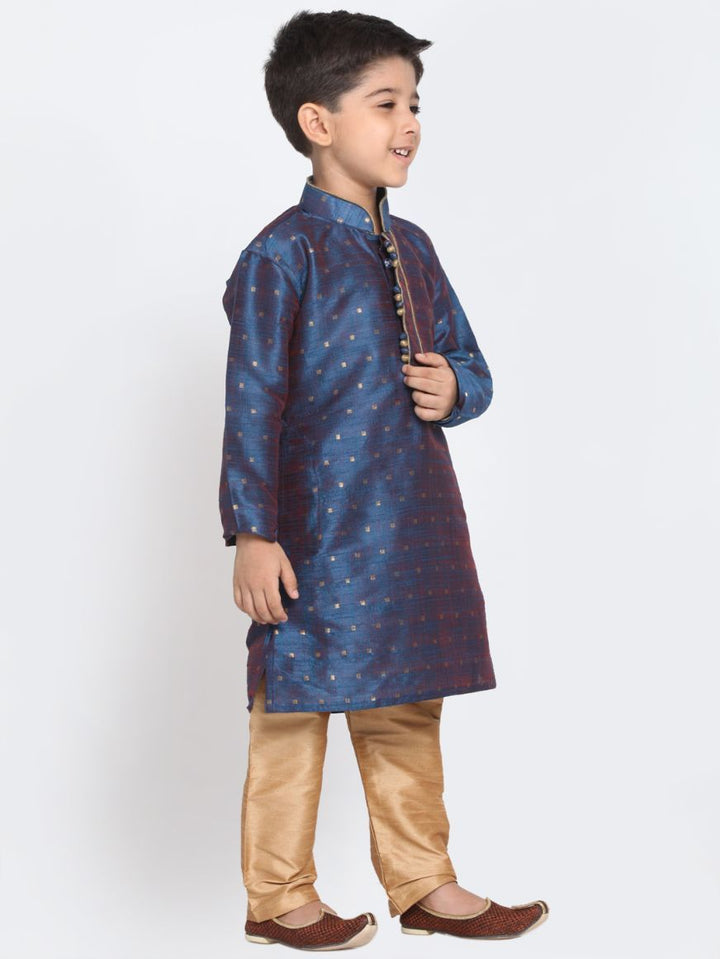 VASTRAMAY Boys' Dark Blue Cotton Silk Blend Kurta and Pyjama Set - qivii
