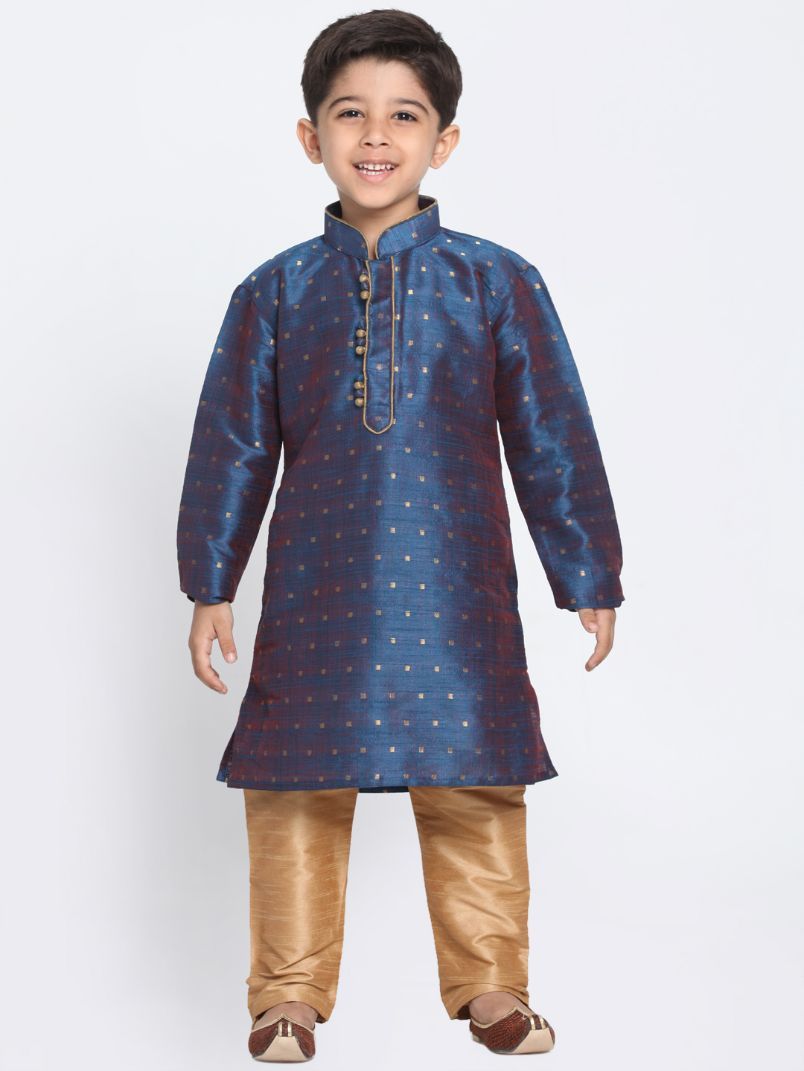 VASTRAMAY Boys' Dark Blue Cotton Silk Blend Kurta and Pyjama Set - qivii