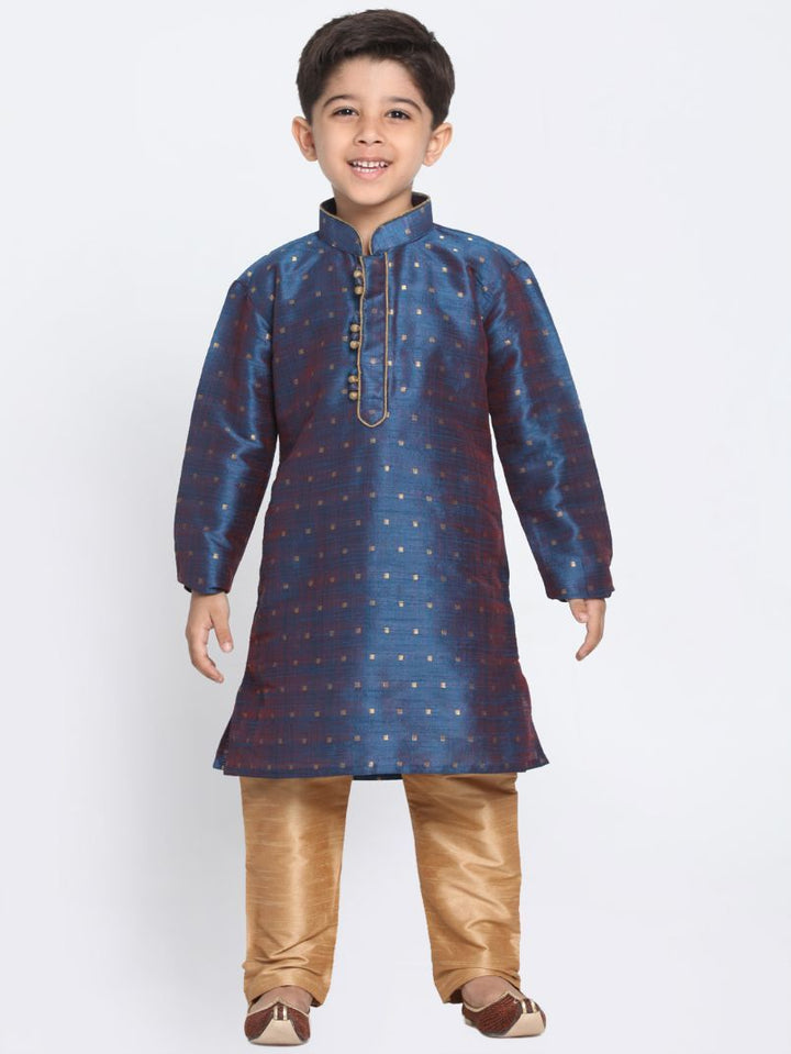 VASTRAMAY Boys' Dark Blue Cotton Silk Blend Kurta and Pyjama Set - qivii