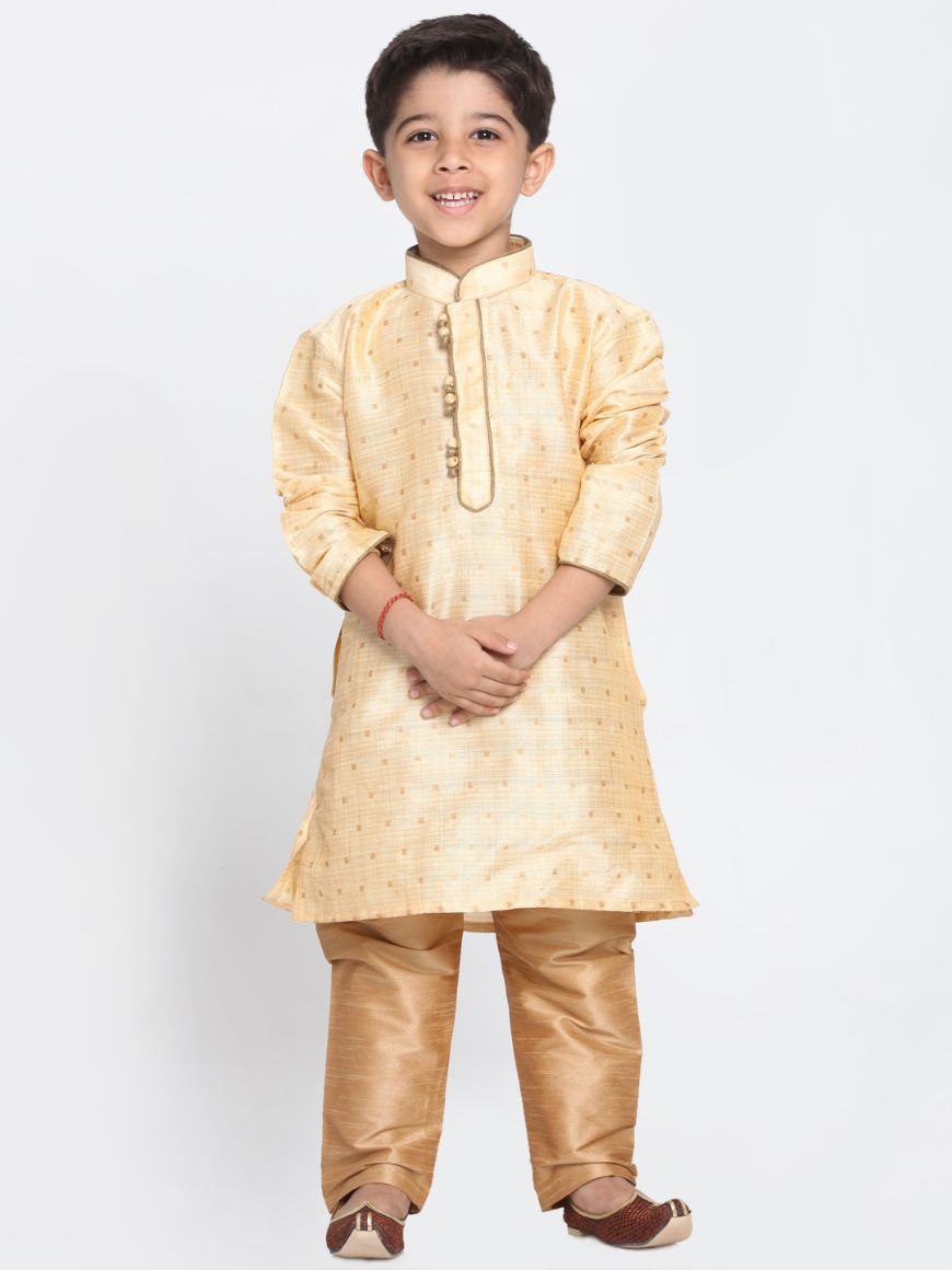 VASTRAMAY Boys' Gold Cotton Silk Blend Kurta and Pyjama Set - qivii