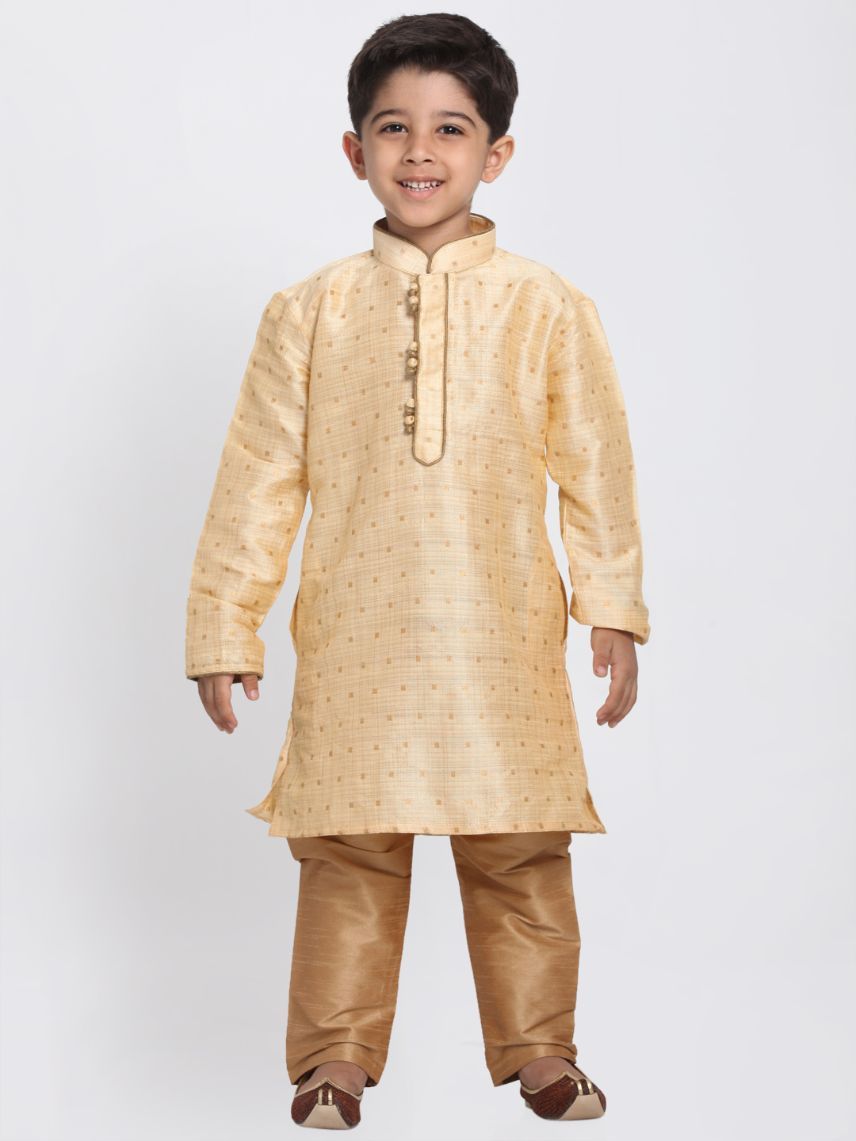 VASTRAMAY Boys' Gold Cotton Silk Blend Kurta and Pyjama Set - qivii