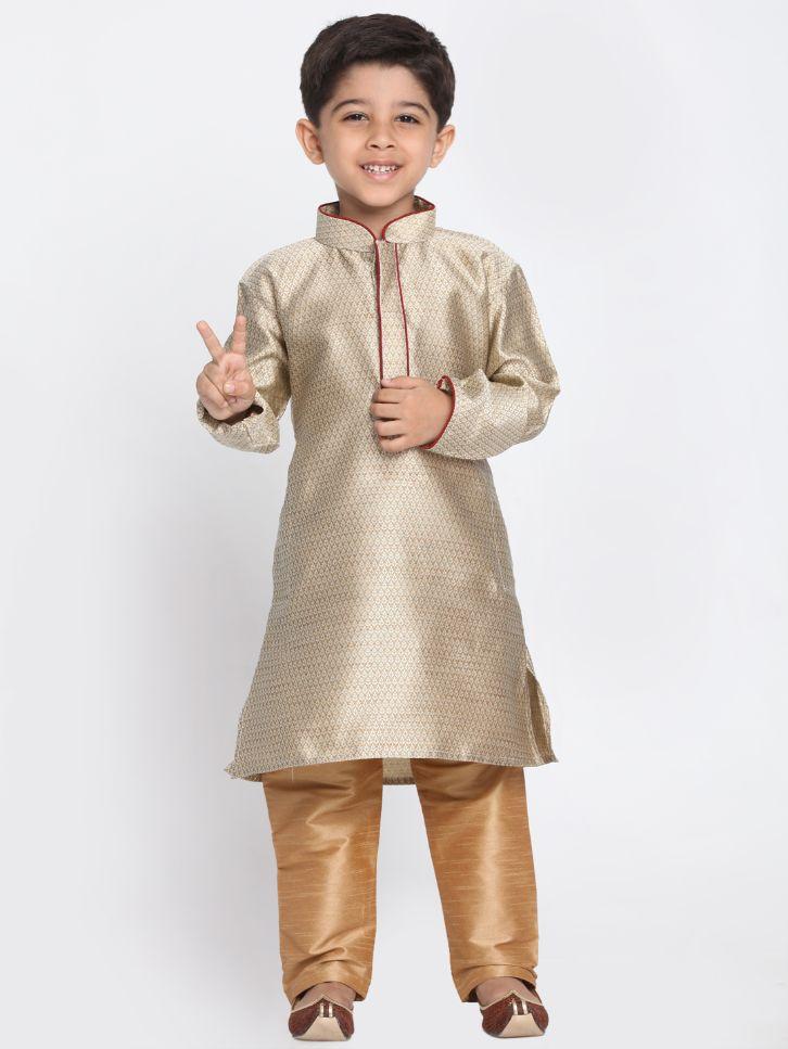 VASTRAMAY Boys' Beige Cotton Silk Blend Kurta and Pyjama Set - qivii
