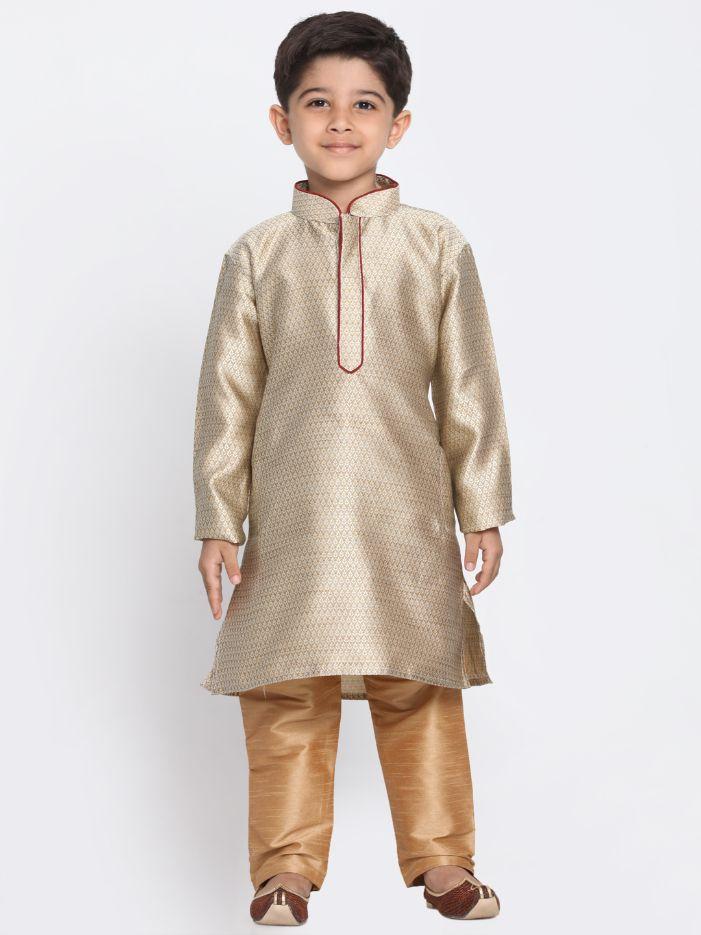 VASTRAMAY Boys' Beige Cotton Silk Blend Kurta and Pyjama Set - qivii