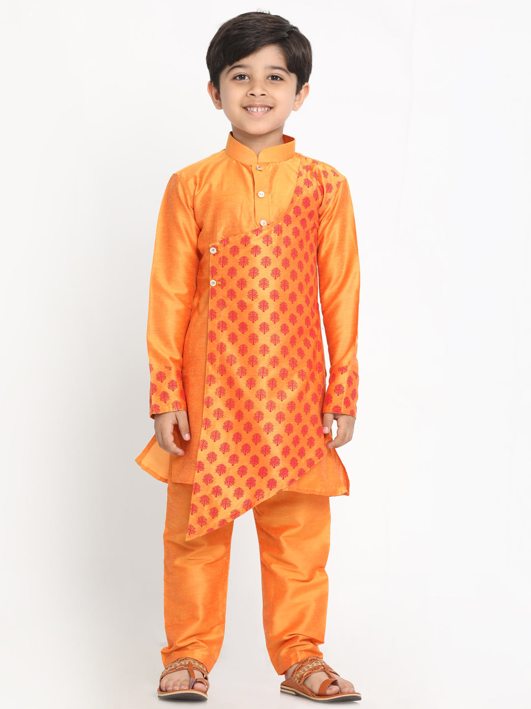 VASTRAMAY Boys Orange Ethnic Motifs Angrakha Kurta with Pyjamas - qivii