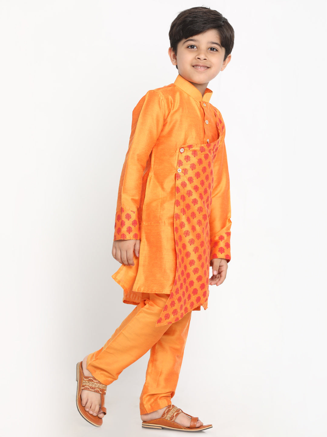 VASTRAMAY Boys Orange Ethnic Motifs Angrakha Kurta with Pyjamas - qivii