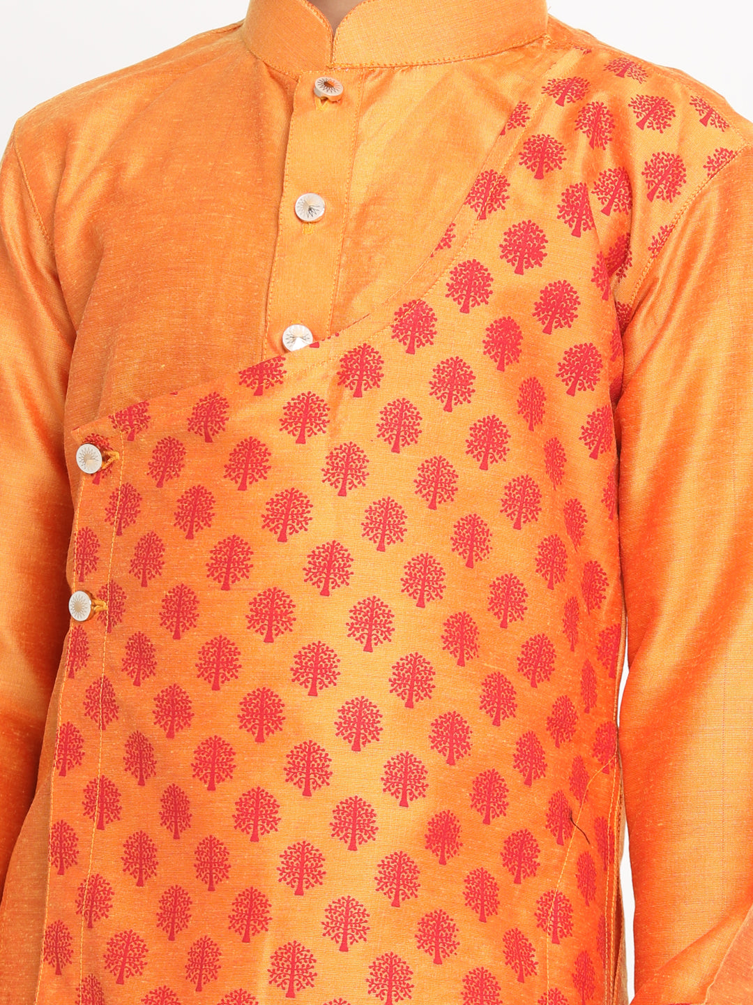 VASTRAMAY Boys Orange Ethnic Motifs Angrakha Kurta with Pyjamas - qivii