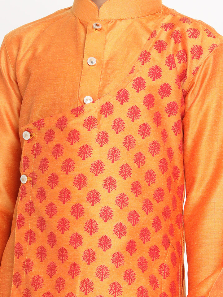 VASTRAMAY Boys Orange Ethnic Motifs Angrakha Kurta with Pyjamas - qivii