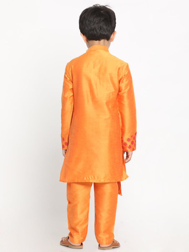 VASTRAMAY Boys Orange Ethnic Motifs Angrakha Kurta with Pyjamas - qivii