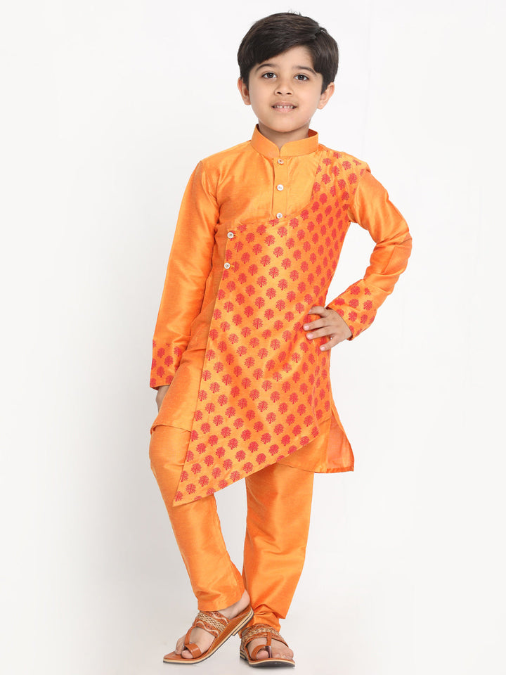 VASTRAMAY Boys Orange Ethnic Motifs Angrakha Kurta with Pyjamas - qivii