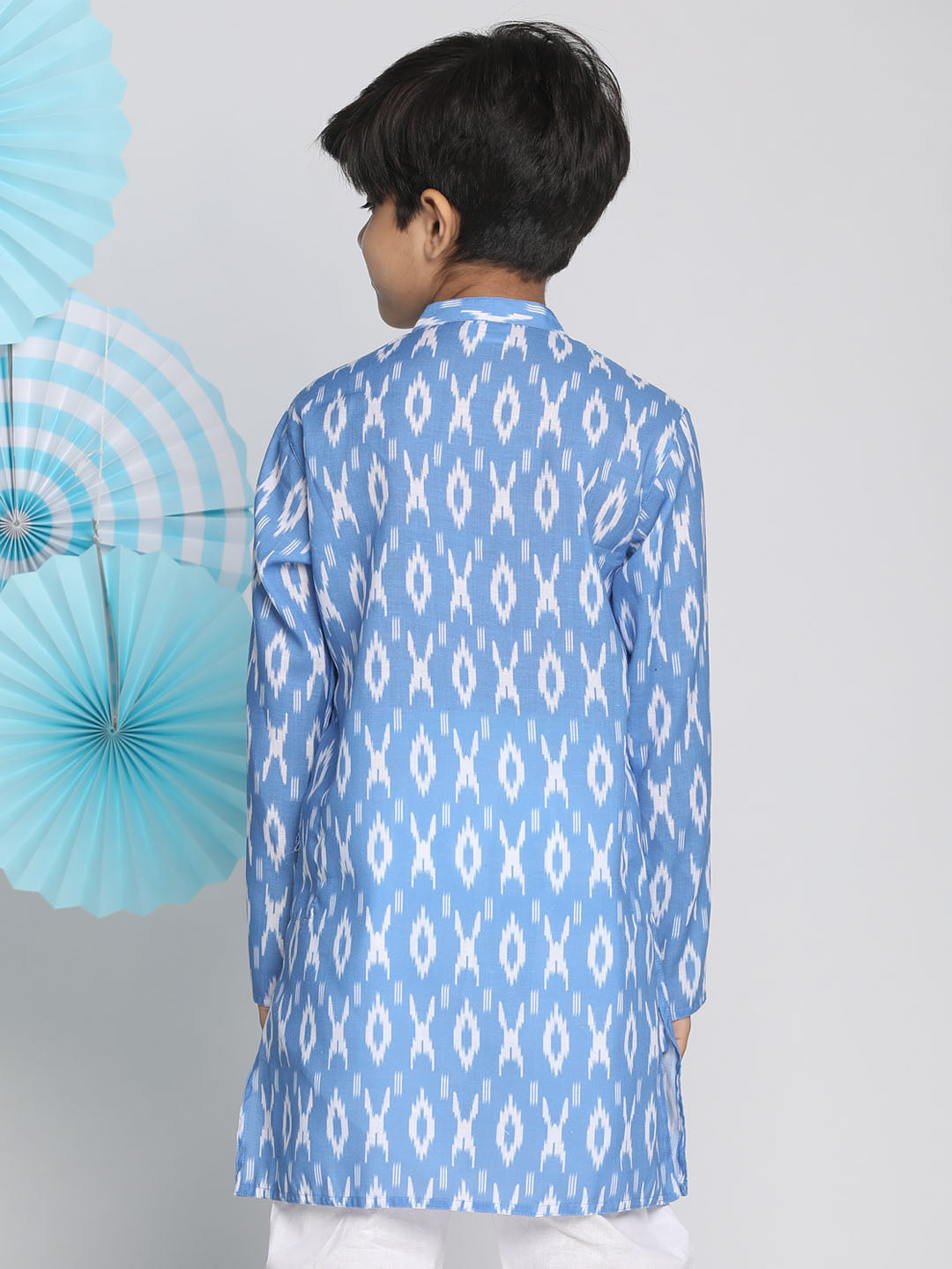 VASTRAMAY Boys Aqua Traditional Ikkat Print Flat Collar Kurta - qivii