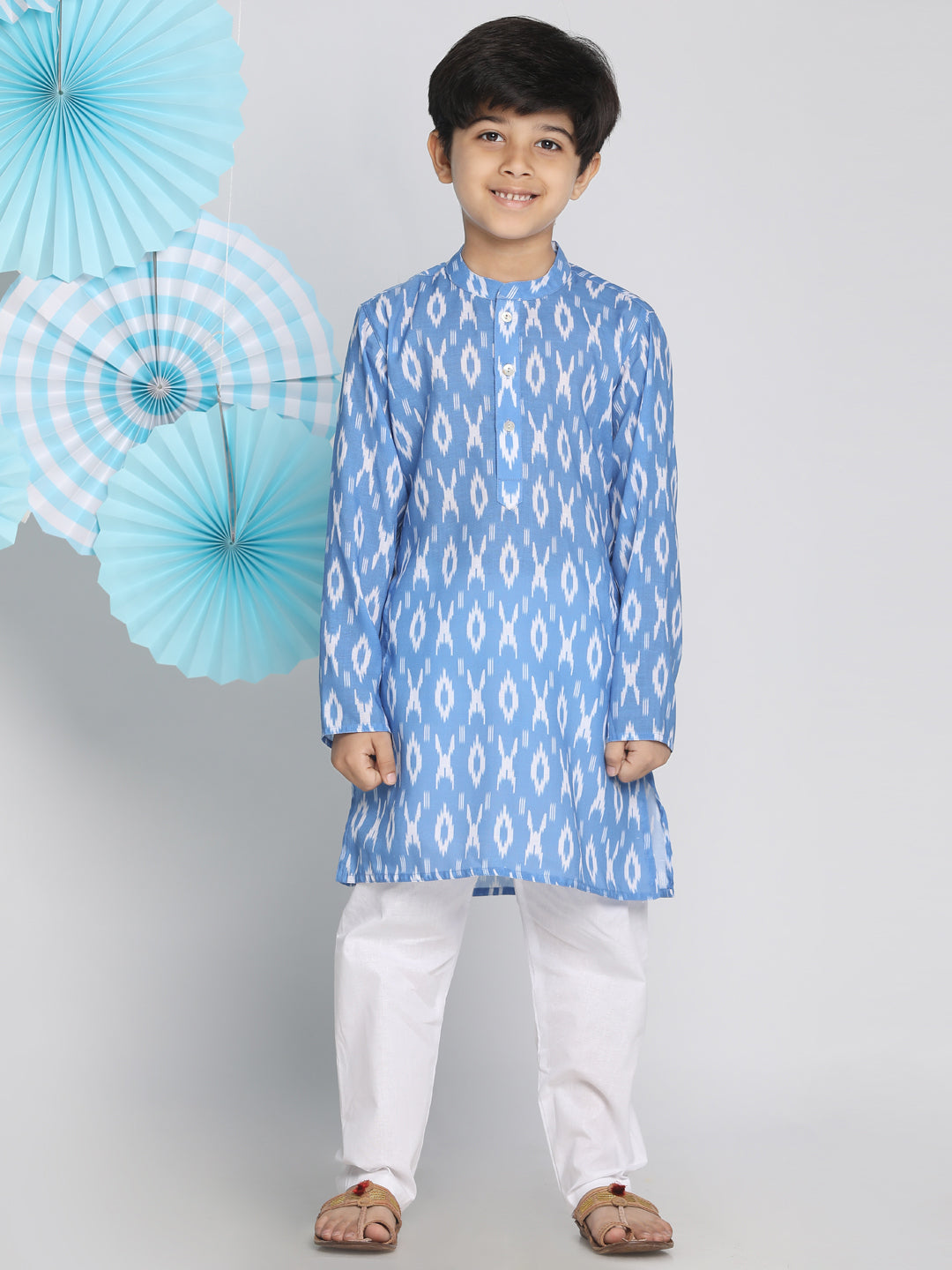 VASTRAMAY Boys Aqua Traditional Ikkat Print Flat Collar Kurta - qivii