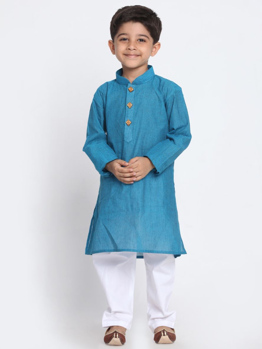 VASTRAMAY Boys Aqua Blue Handloom Pure Cotton Kurta - qivii