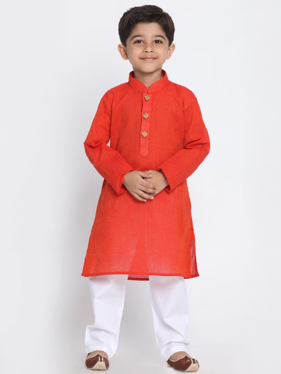 VASTRAMAY Boy's Red Handloom Pure Cotton Kurta - qivii