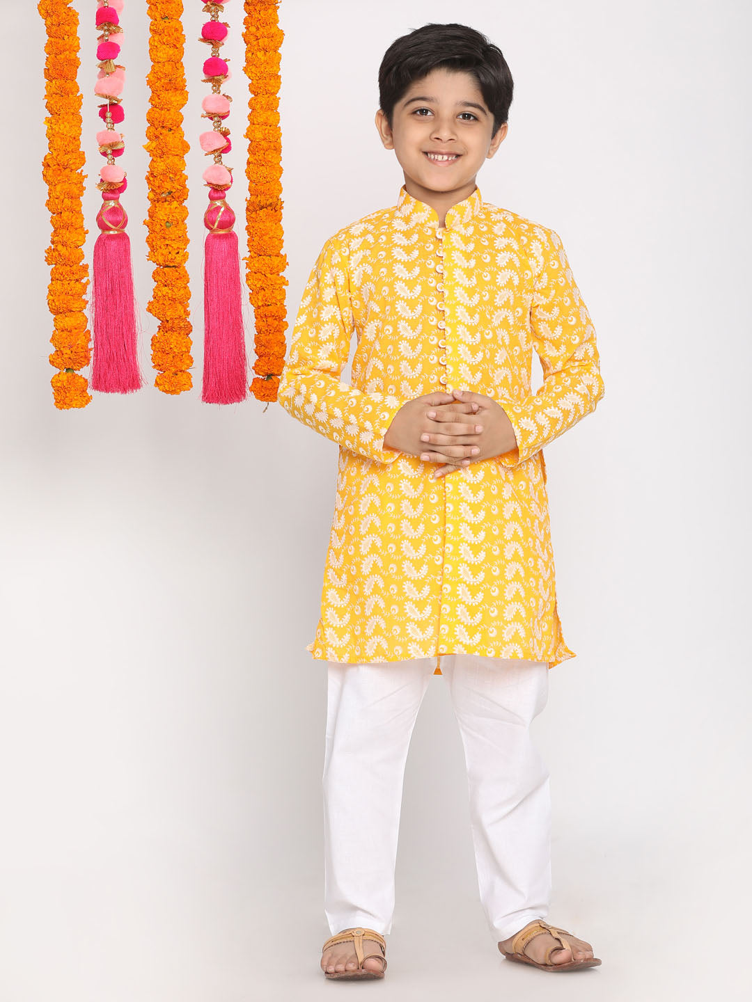 VASTRAMAY Boys Orange And White Kurta Pyjama Set - qivii