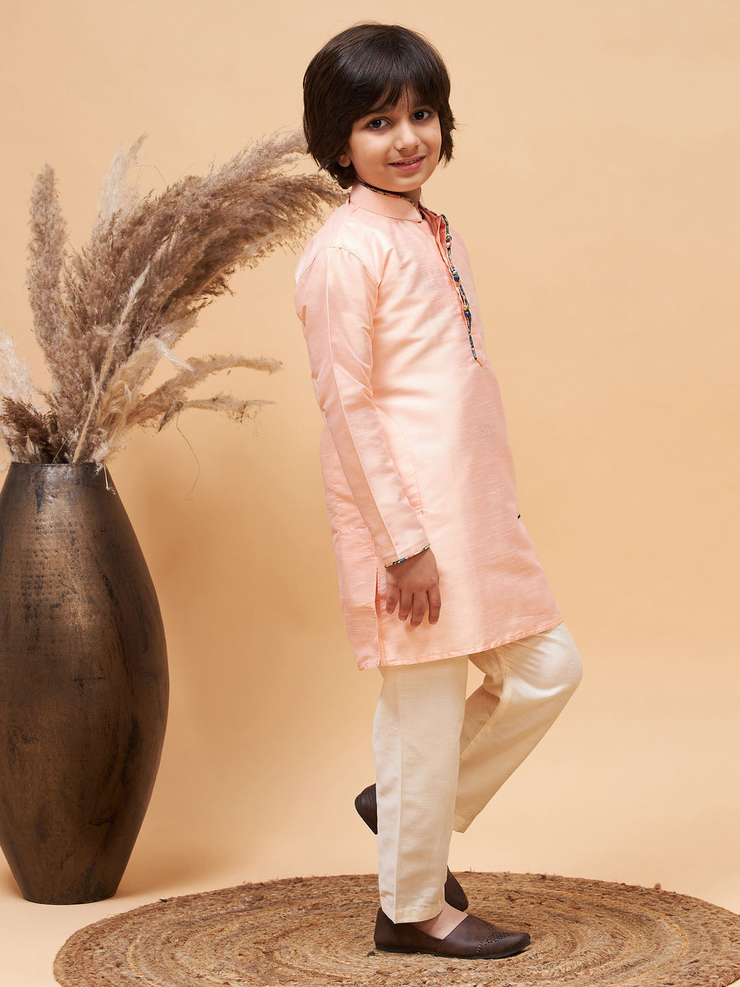 VASTRAMAY Boy's Peach Silk Kurta Pyjama Set - qivii