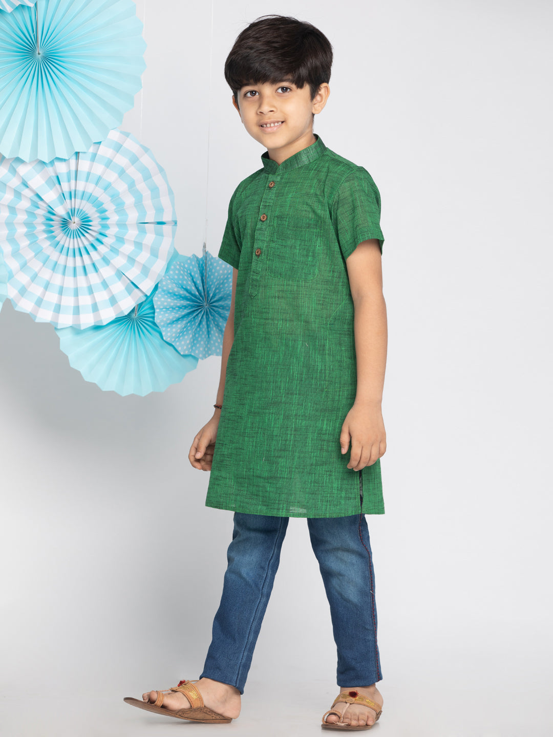 VASTRAMAY Boys' Green Melange Half Sleeve Kurta - qivii