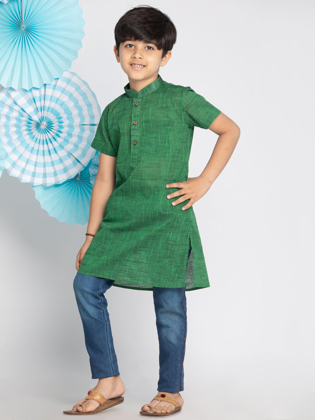 VASTRAMAY Boys' Green Melange Half Sleeve Kurta - qivii