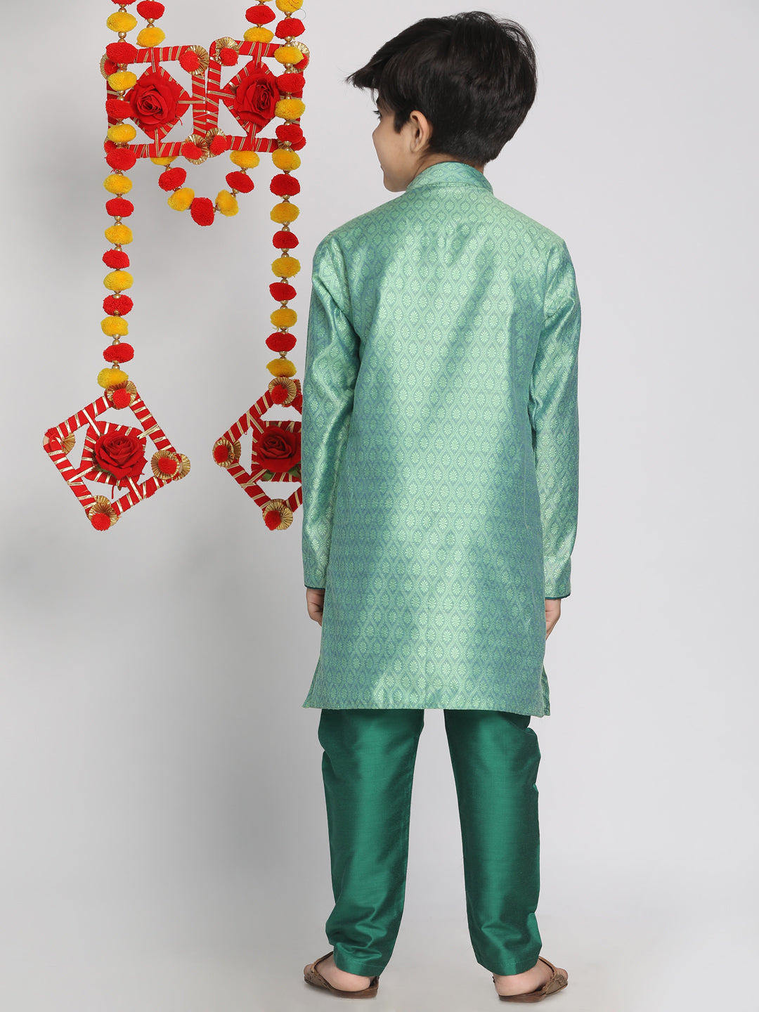 VASTRAMAY Boys' Green Jacquard Kurta Pyjama Set - qivii