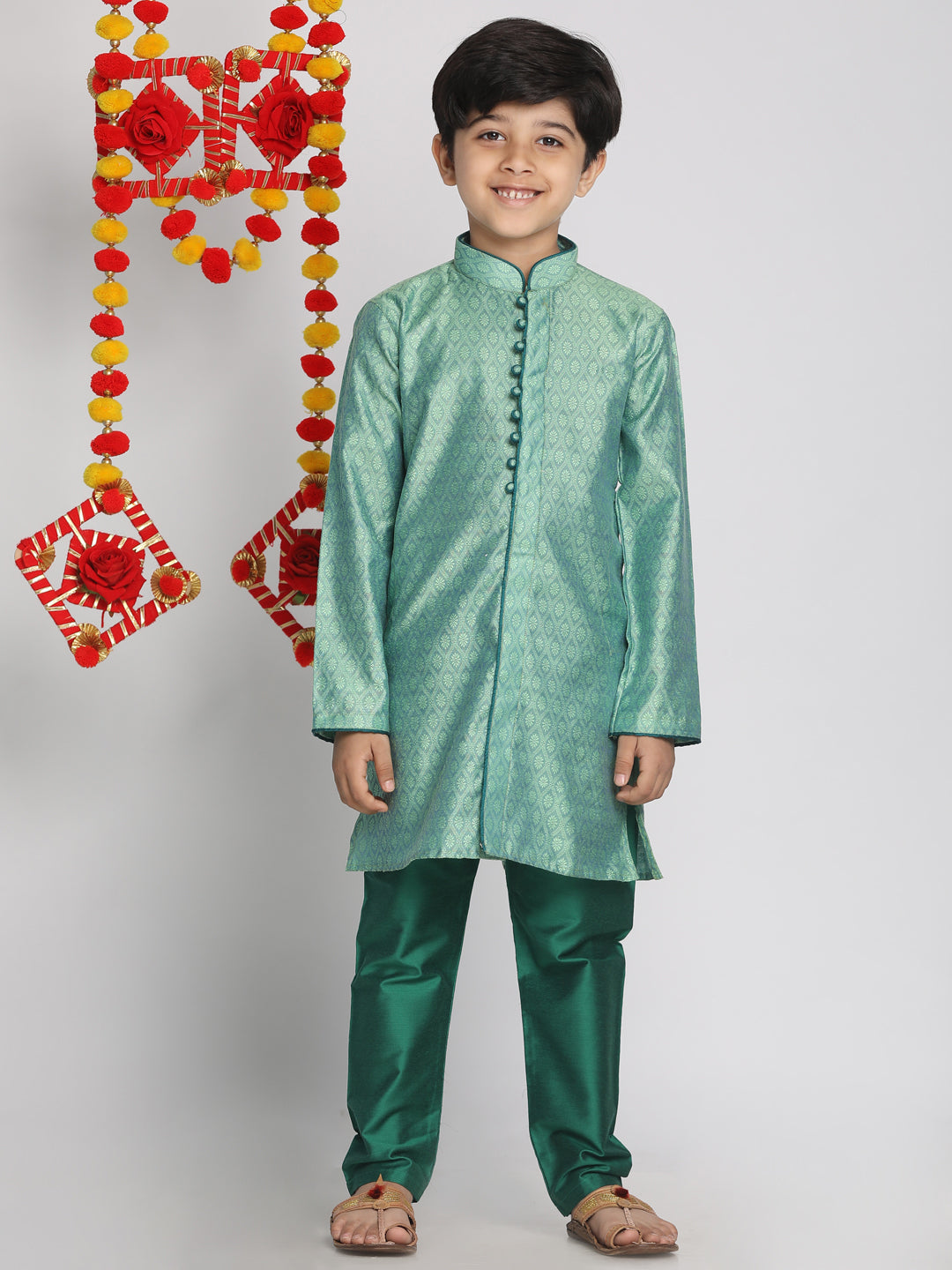 VASTRAMAY Boys' Green Jacquard Kurta Pyjama Set - qivii