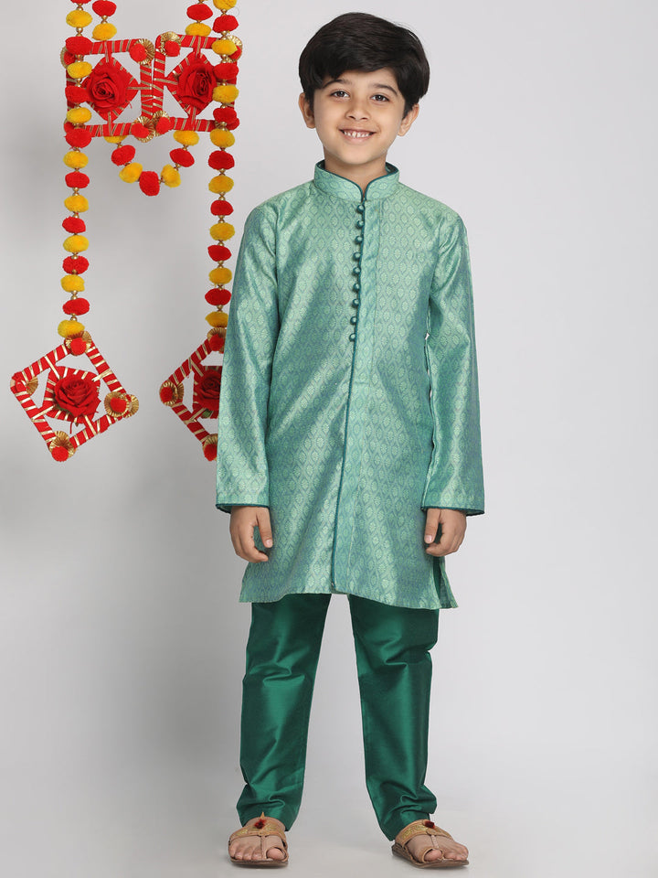 VASTRAMAY Boys' Green Jacquard Kurta Pyjama Set - qivii