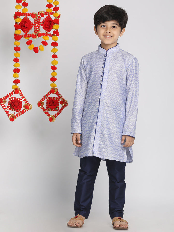 VASTRAMAY Boys' Lavender And Navy Blue Jacquard Kurta Pyjama Set - qivii