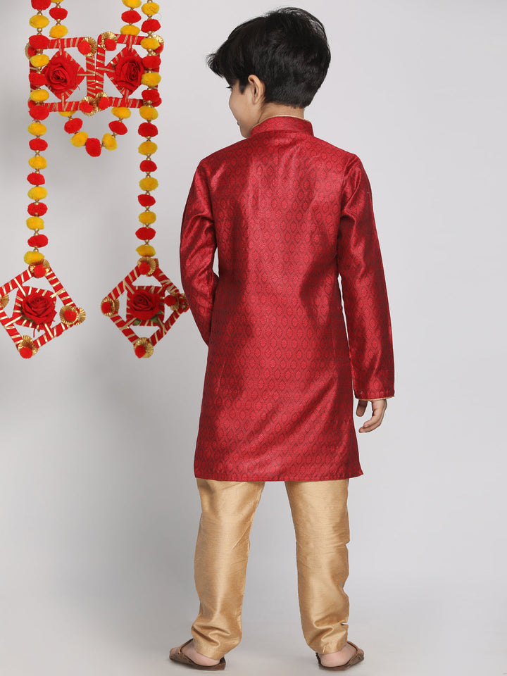 VASTRAMAY Boys' Maroon And Rose Gold Jacquard Kurta Pyjama Set - qivii