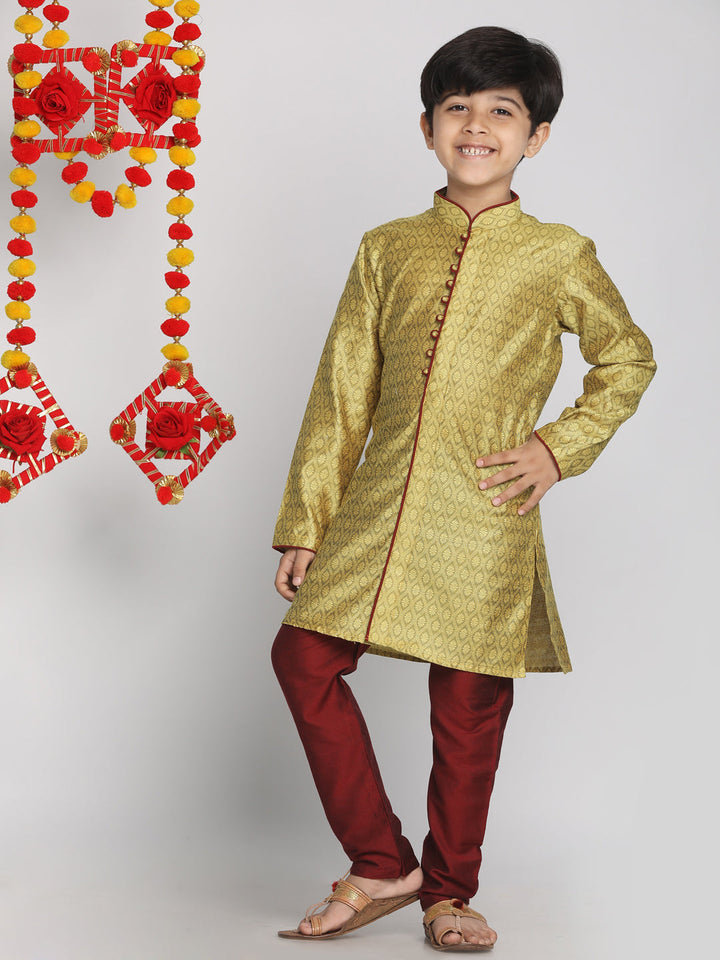 VASTRAMAY Boys' Yellow And Maroon Jacquard Kurta Pyjama Set - qivii