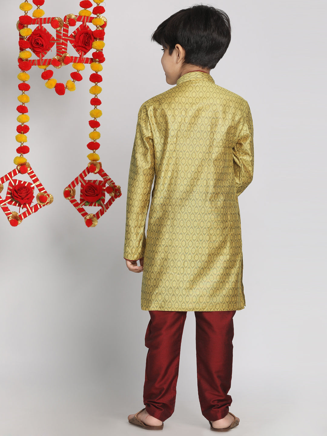 VASTRAMAY Boys' Yellow And Maroon Jacquard Kurta Pyjama Set - qivii