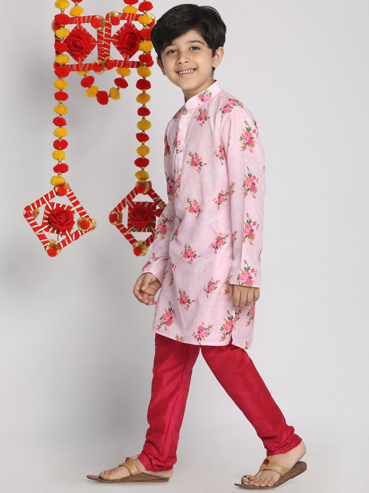 VASTRAMAY Boys' Floral Printed Multicolor-Base-Pink Kurta and Pyjama Set - qivii