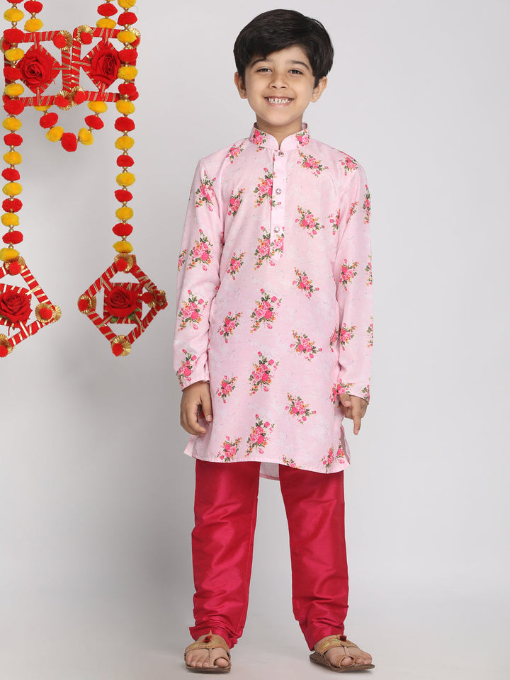 VASTRAMAY Boys' Floral Printed Multicolor-Base-Pink Kurta and Pyjama Set - qivii