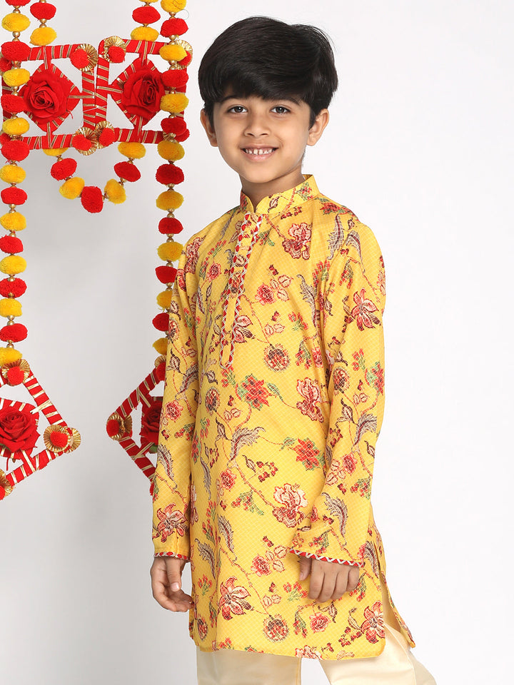 VASTRAMAY Boys' Multicolor-Base-Mustard Kurta - qivii