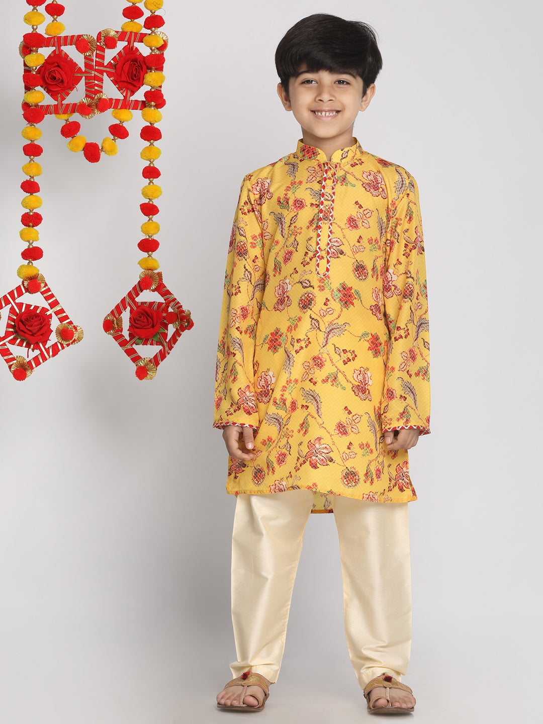 VASTRAMAY Boys' Multicolor-Base-Mustard Kurta - qivii