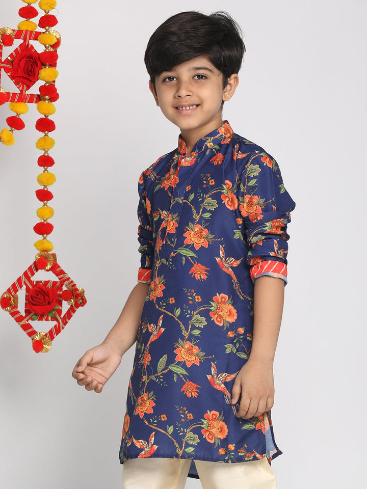 VASTRAMAY Boys' Multicolor-Base-Navy Blue Kurta With Leheriya Border - qivii