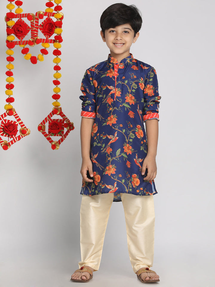 VASTRAMAY Boys' Multicolor-Base-Navy Blue Kurta With Leheriya Border - qivii