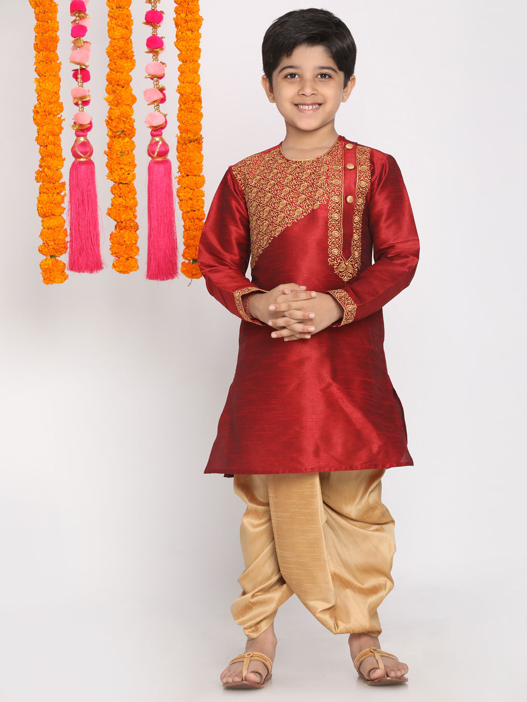VASTRAMAY Boys' Maroon And Rose Gold Kurta and Dhoti Set - qivii