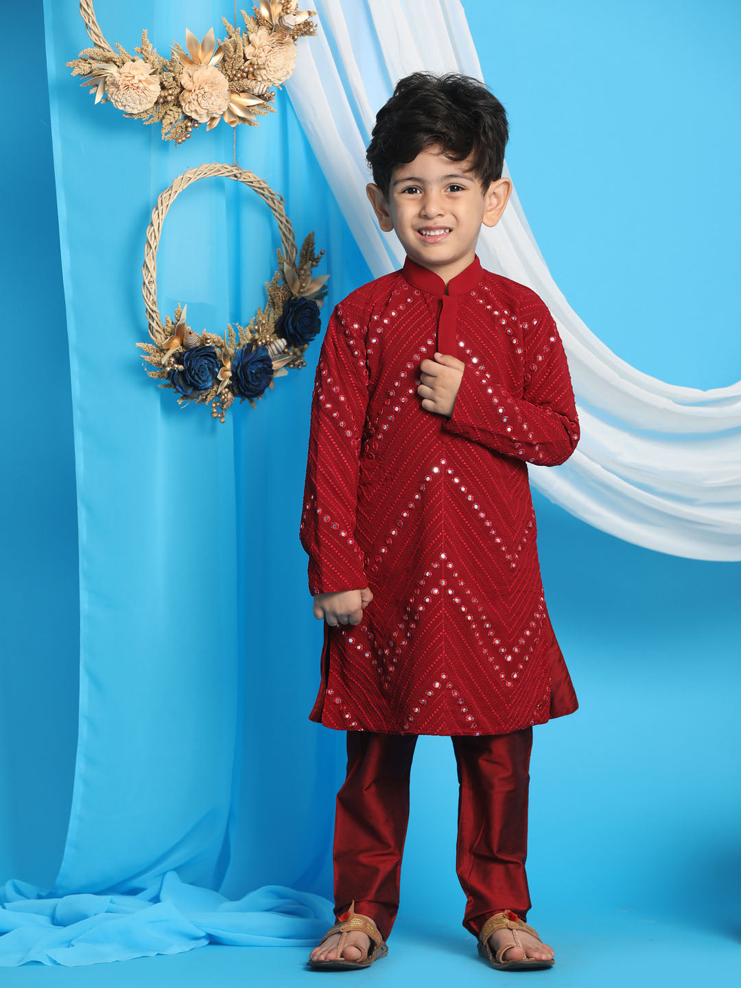 VASTRAMAY Boys' Maroon Mirror Kurta Pyjama Set - qivii
