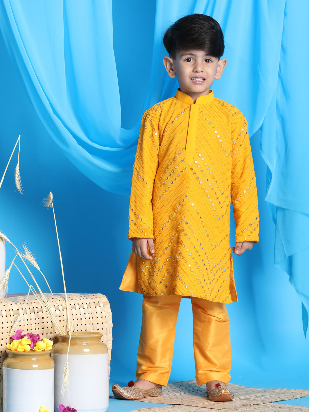 VASTRAMAY Boys' Yellow Mirror Kurta Pyjama Set - qivii