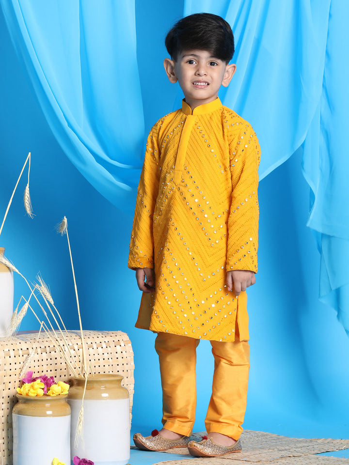 VASTRAMAY Boys' Yellow Mirror Kurta Pyjama Set - qivii
