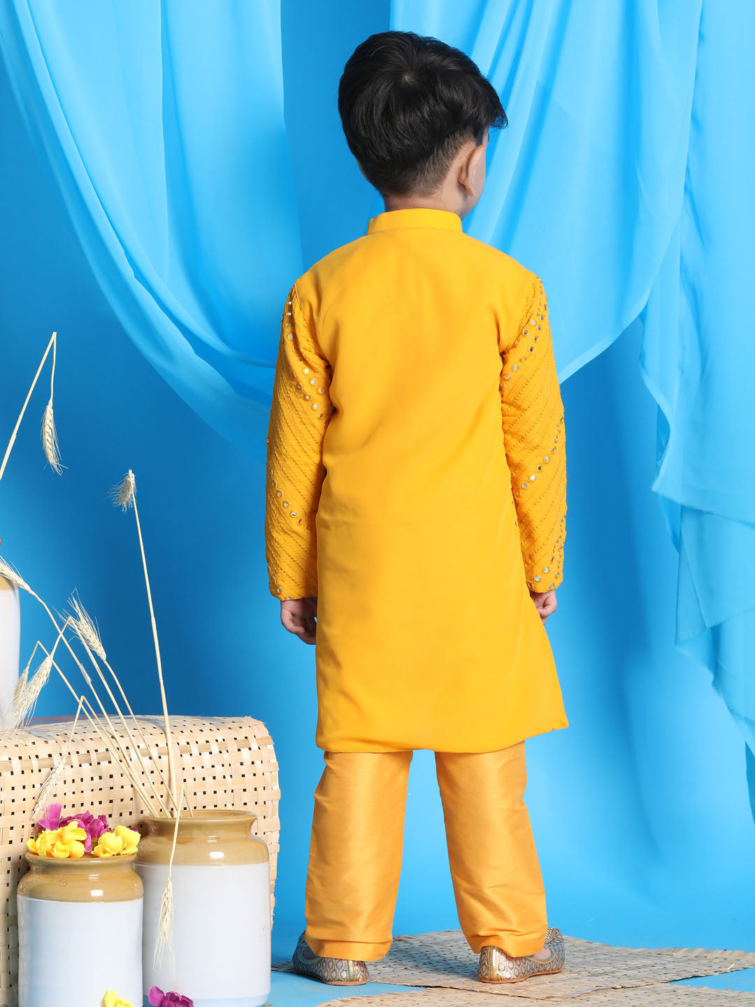VASTRAMAY Boys' Yellow Mirror Kurta Pyjama Set - qivii