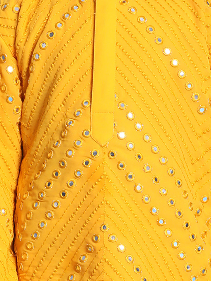VASTRAMAY Boys' Yellow Mirror Kurta Pyjama Set - qivii